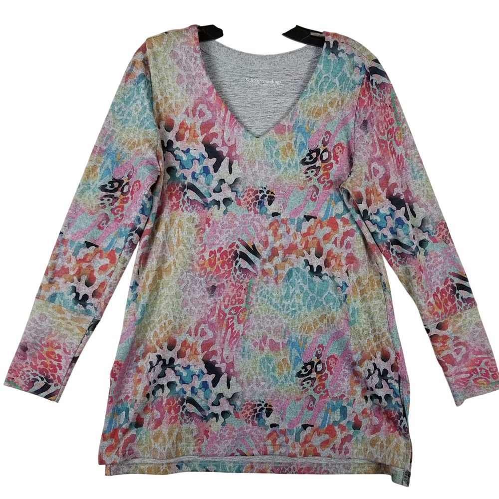 Soft Surroundings Womens Small Animal Print V-Neck Tunic Top Multi Color 2BJ25